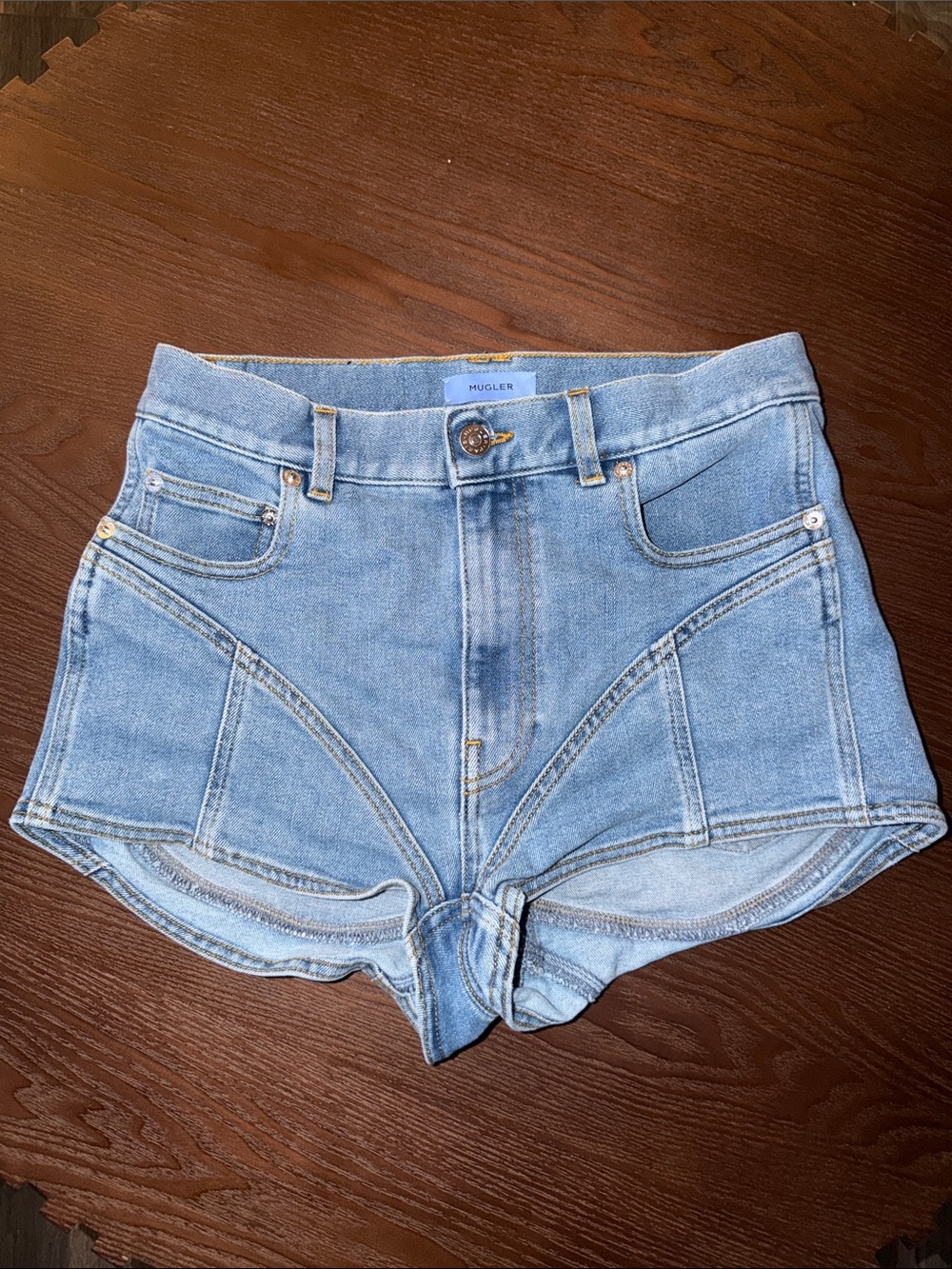 Mugler Light Blue High-Waist Curved Seam Denim Shorts